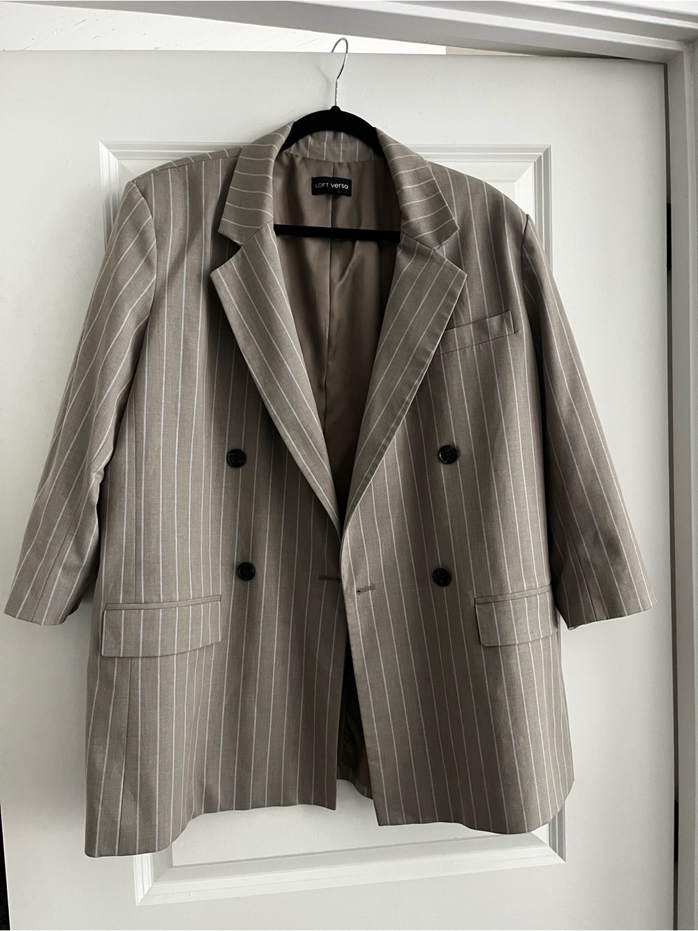 Women’s Tan Pinstripe Double-Breasted Blazer